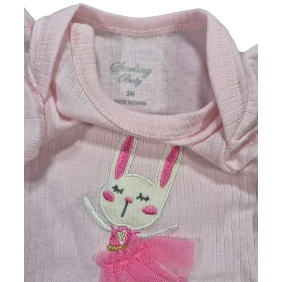 Baby Girls Outfit Set 3M Pink Bunny Romper Blue Knit Ruffle Dres Fits Up To 12M - Picture 3 of 8